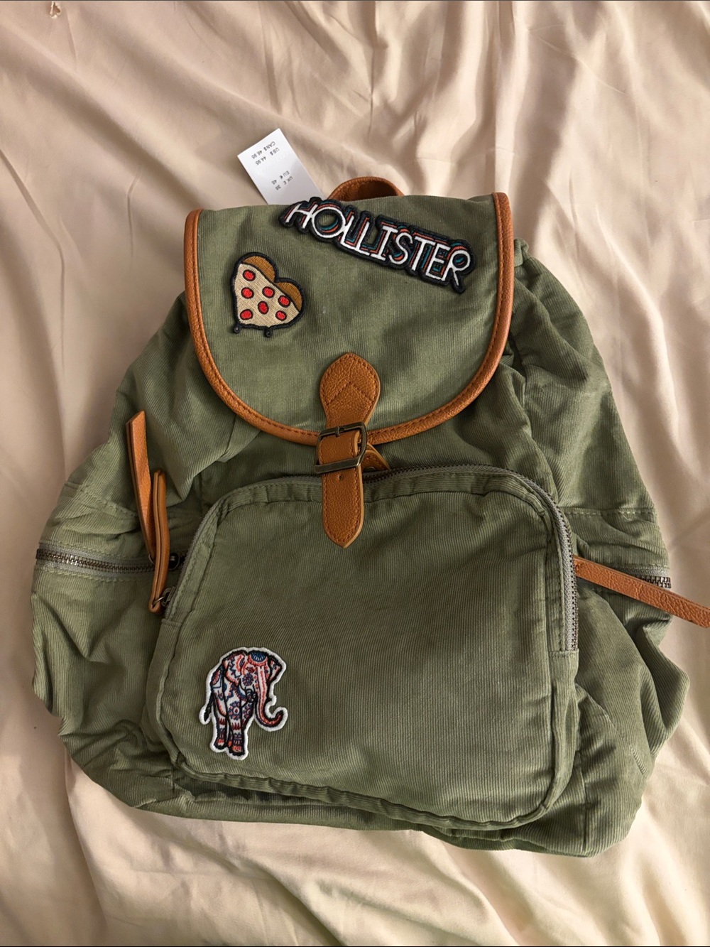 Hollister Olive Green Canvas Kids Backpack with Tan Trim and Patches